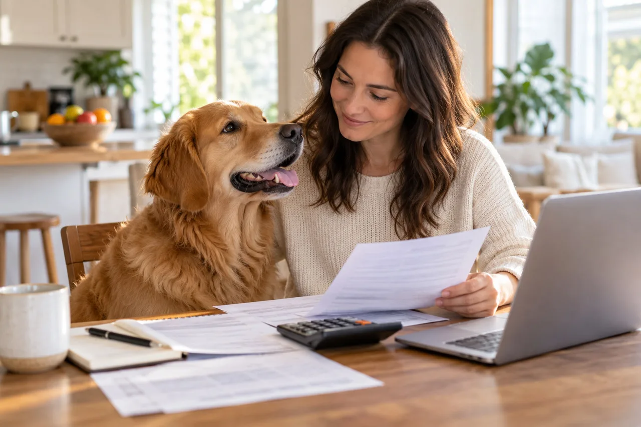 Owner reviewing paperwork beside a golden-colored dog