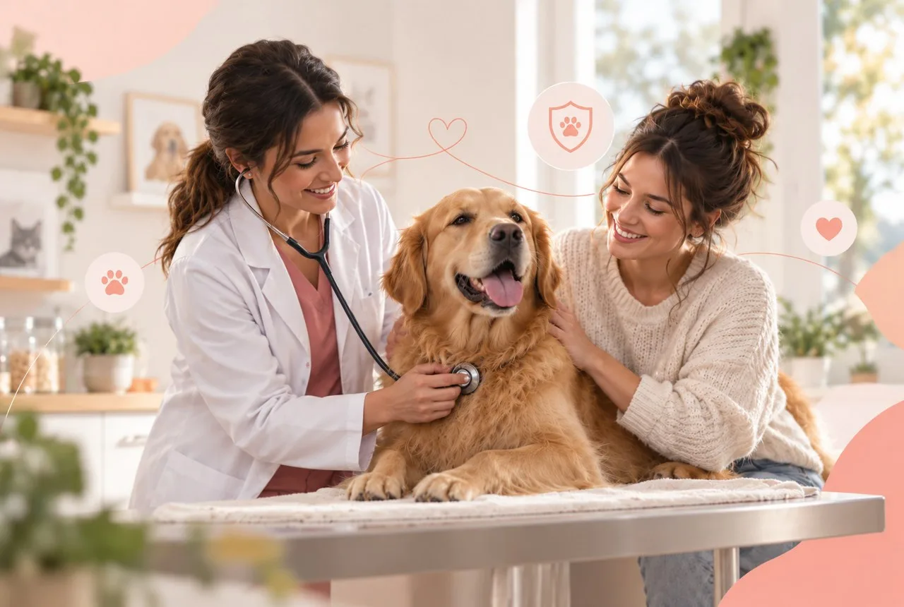 Veterinarian examining a dog beside its owner